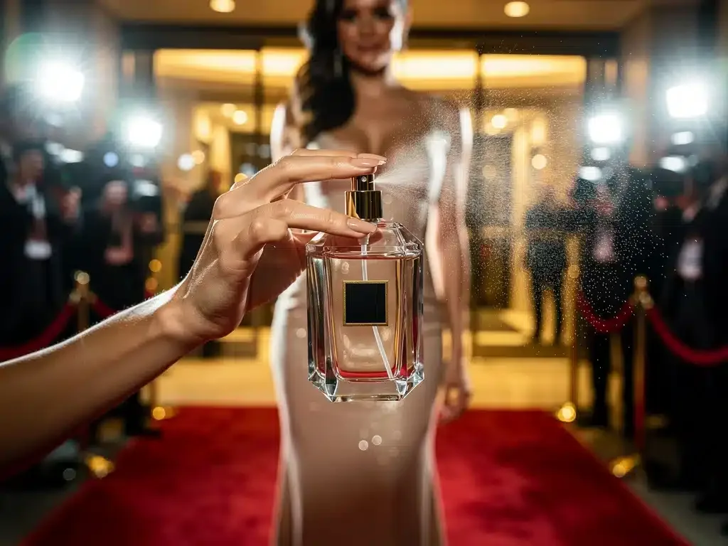Hollywood celebrity applying luxury perfume at red carpet event 2026
