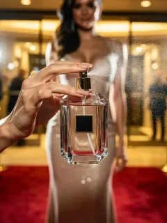 Hollywood celebrity applying luxury perfume at red carpet event 2026