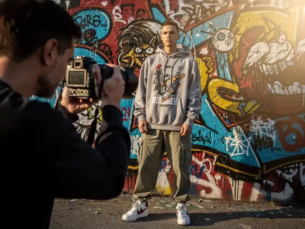 Photographer capturing streetwear model in front of graffiti, focusing on camera settings.