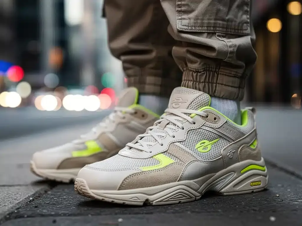 Close-up of streetwear sneakers and pants, emphasizing texture and design details.
