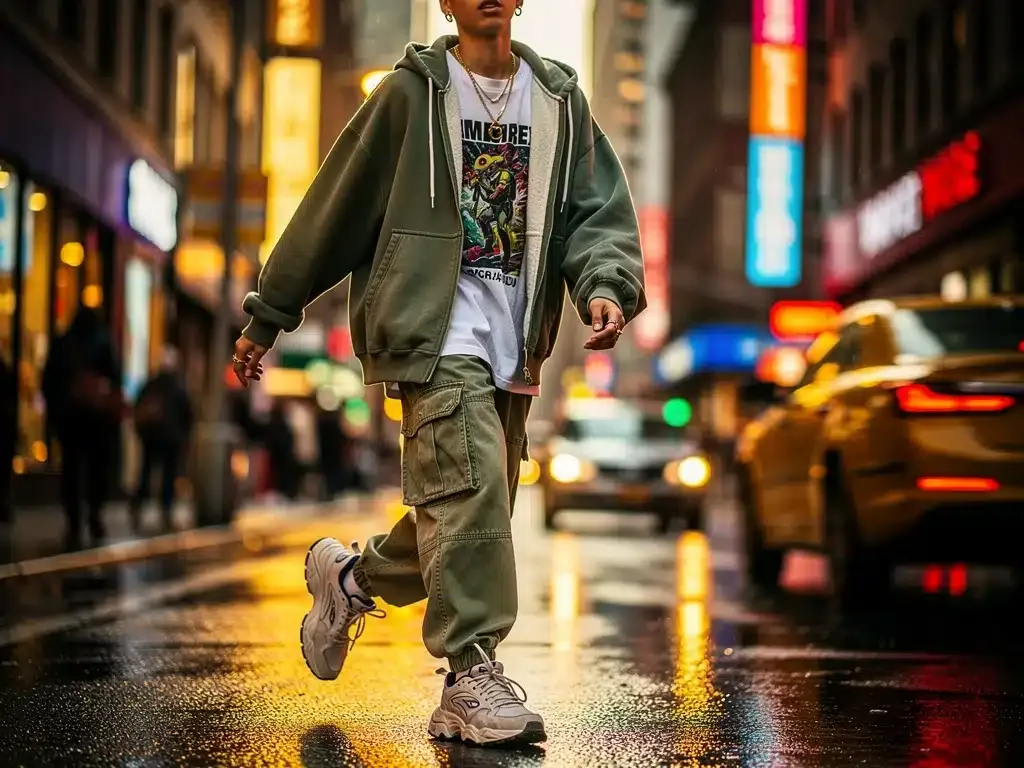 Dynamic streetwear photography on a city street, showcasing a trendy outfit with urban style.