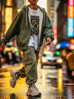 Dynamic streetwear photography on a city street, showcasing a trendy outfit with urban style.