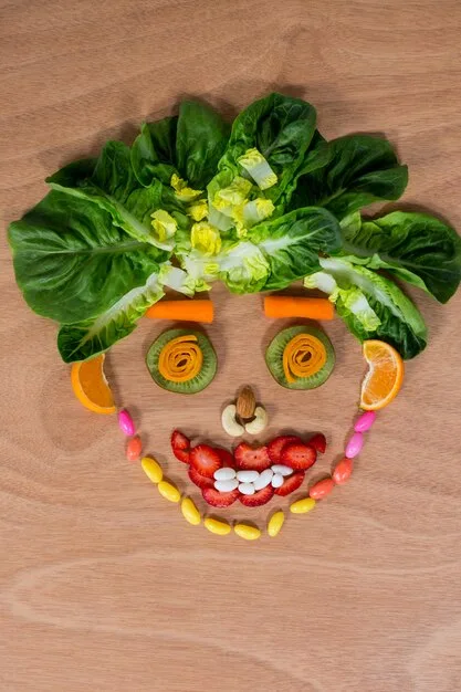 A balanced plate of colorful, healthy foods (vegetables, fruits, whole grains) alongside a serene figure meditating, representing the holistic connection between diet, mind, and gut health.