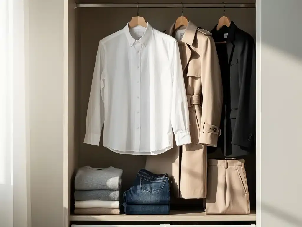 Organized capsule wardrobe with classic, versatile fashion staples.