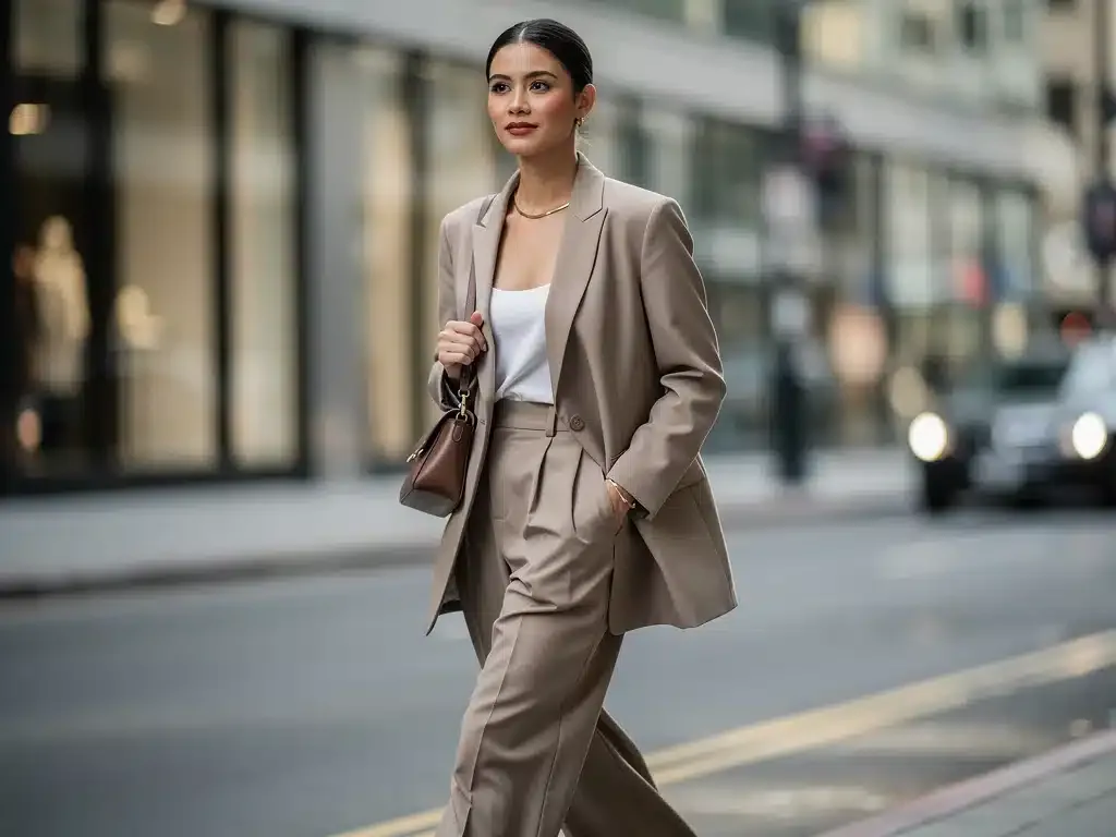 Woman in tailored blazer and wide-leg trousers, embodying 2026 classic trends for everyday wear.