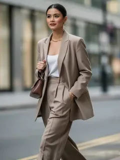 Woman in tailored blazer and wide-leg trousers, embodying 2026 classic trends for everyday wear.