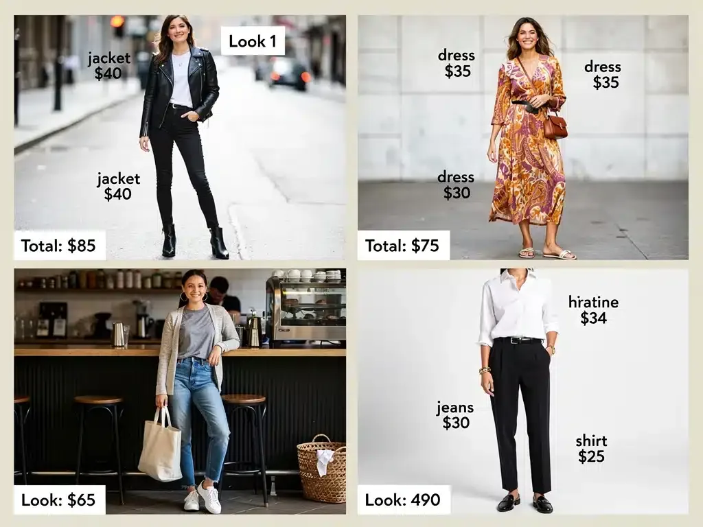 Collage of four diverse, budget-friendly celebrity outfits