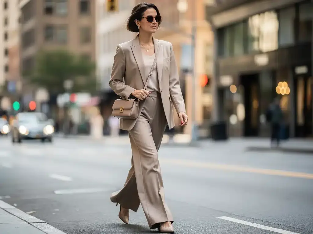 Stylish woman in a budget-friendly, celebrity-inspired blazer and wide-leg trousers