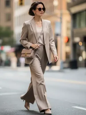 Stylish woman in a budget-friendly, celebrity-inspired blazer and wide-leg trousers