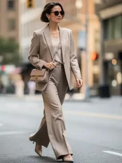 Stylish woman in a budget-friendly, celebrity-inspired blazer and wide-leg trousers