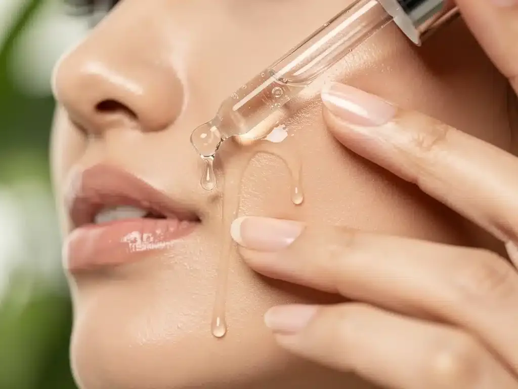 Woman applying natural plant-based face serum