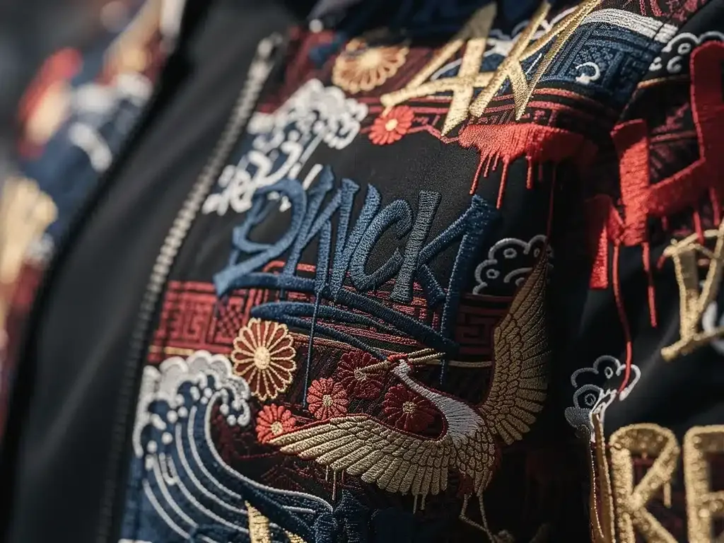 Close-up of embroidered streetwear jacket blending Japanese and American art.