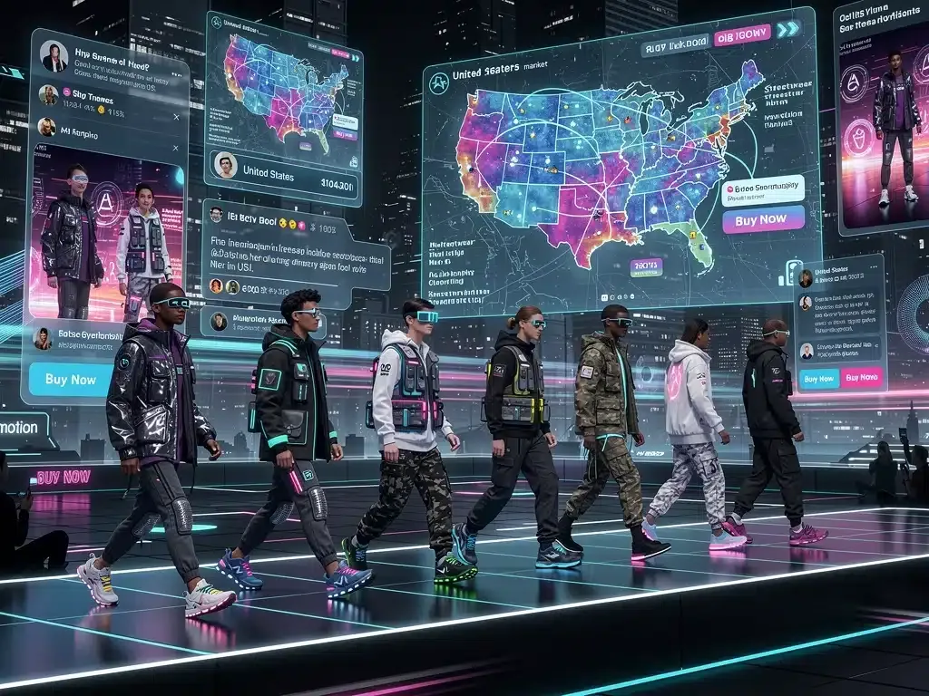Virtual fashion show with avatars in futuristic streetwear, showcasing digital trends.