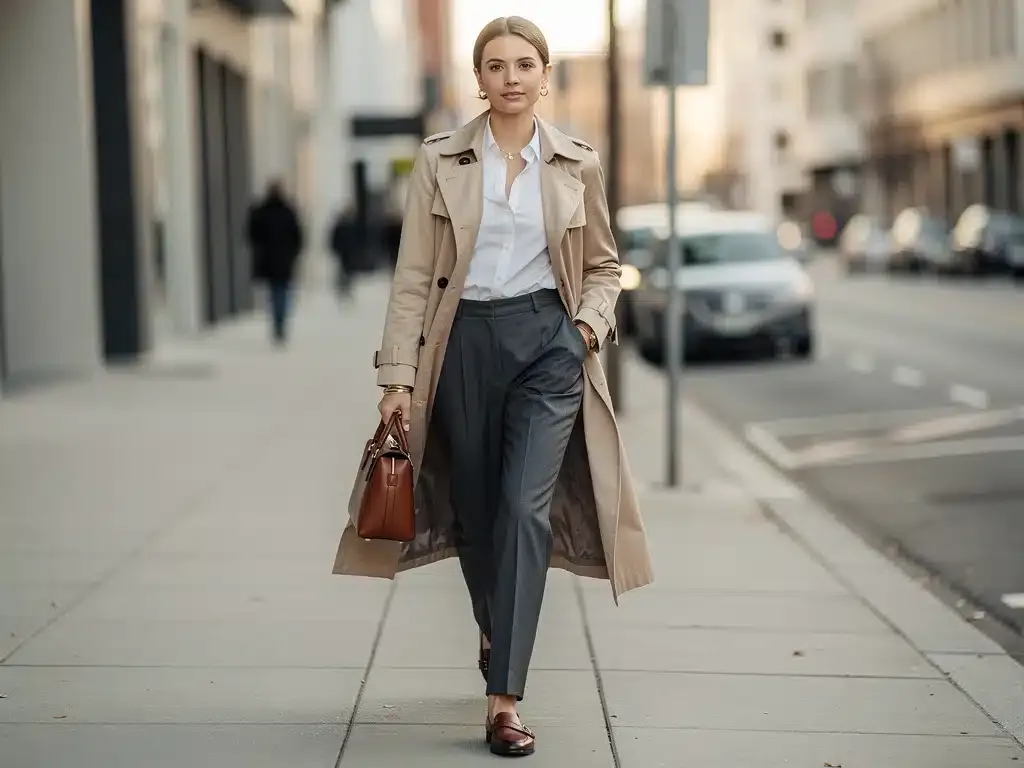 Woman in classic trench coat and tailored trousers, exuding timeless style
