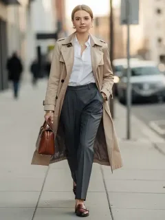 Woman in classic trench coat and tailored trousers, exuding timeless style
