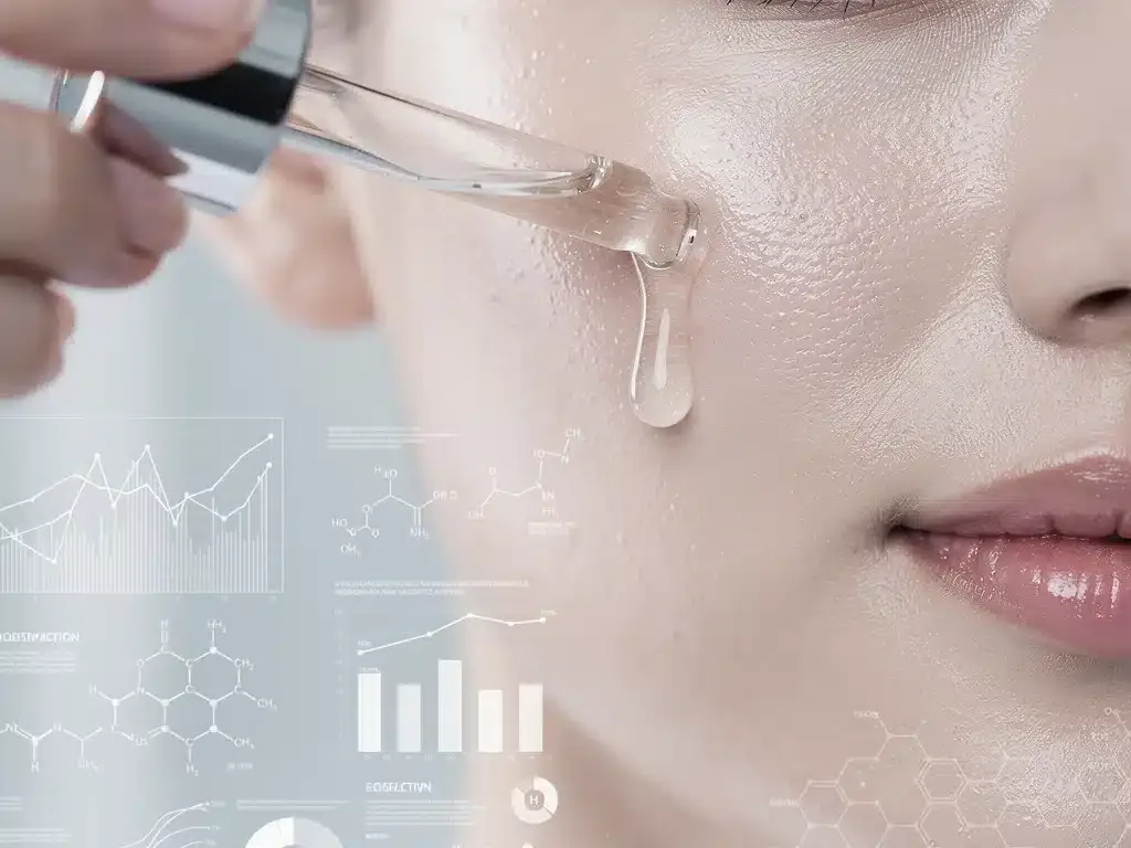 Consumer applying best-selling skincare serum with data overlay