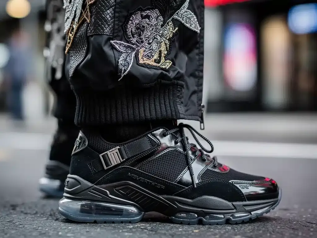 Intricate details of a celebrity's luxury streetwear outfit, showcasing craftsmanship