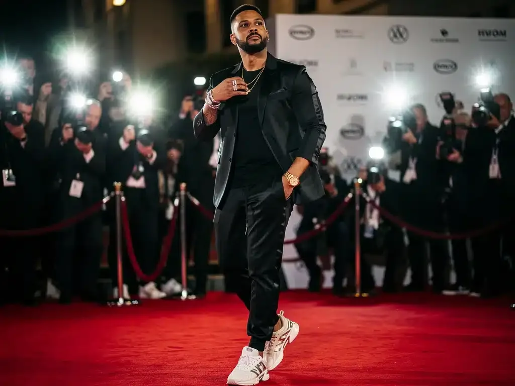 Celebrity on red carpet in sophisticated luxury streetwear, challenging norms