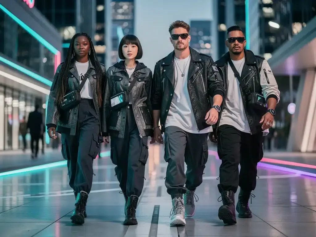 Four A-list celebrities showcasing luxury streetwear in a futuristic city in 2026