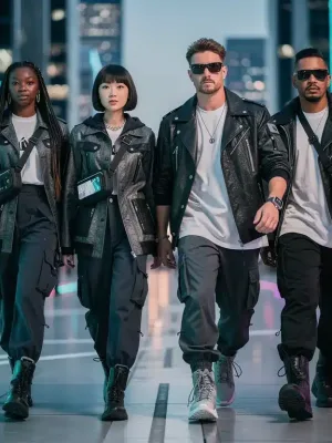 Four A-list celebrities showcasing luxury streetwear in a futuristic city in 2026