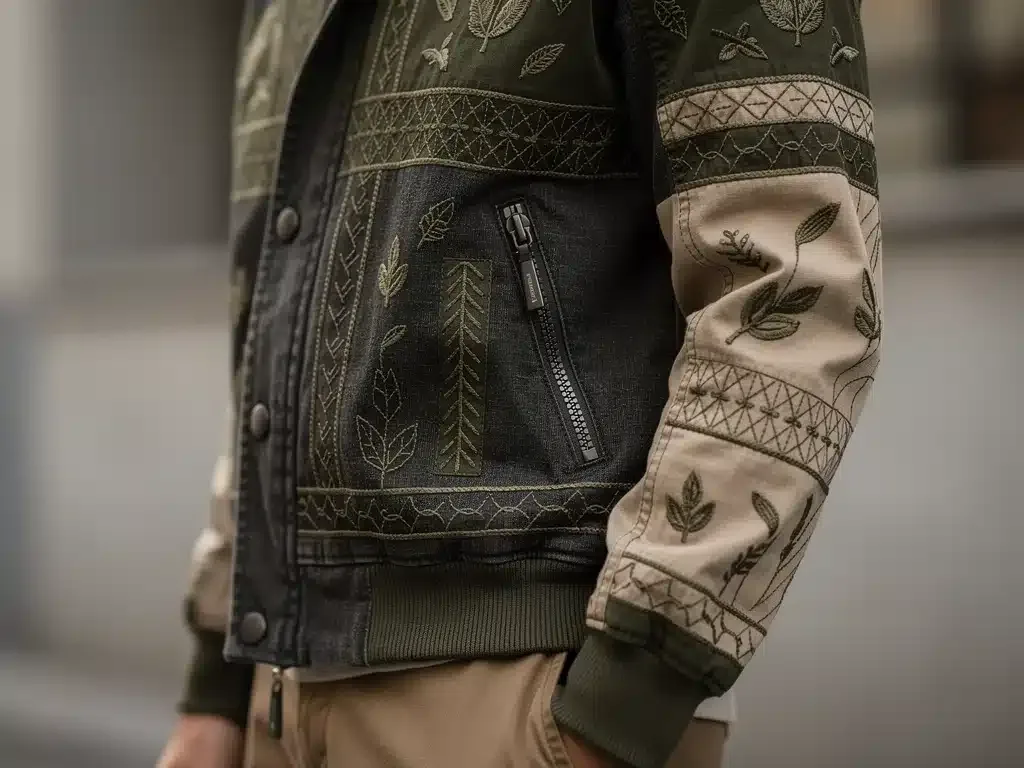 Close-up of a sustainably sourced, intricately embroidered streetwear jacket, emphasizing quality.