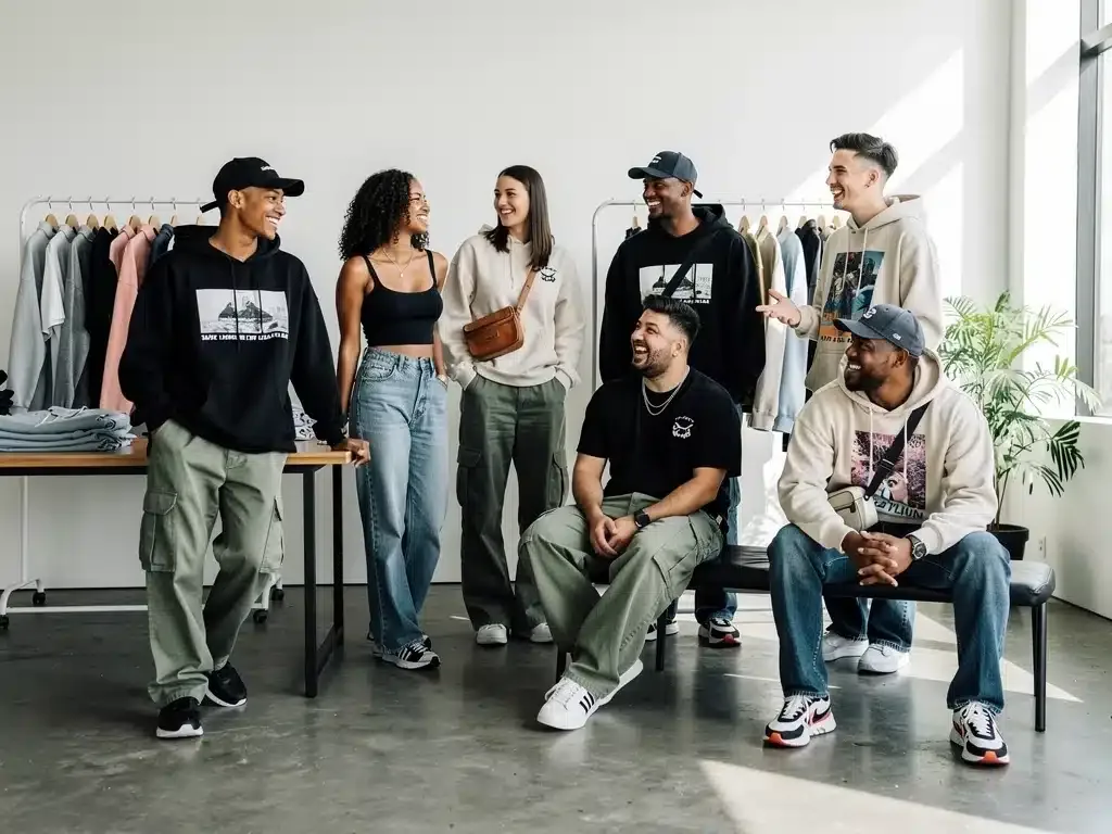 Diverse group of young adults in a modern retail space, showcasing various streetwear styles and community.