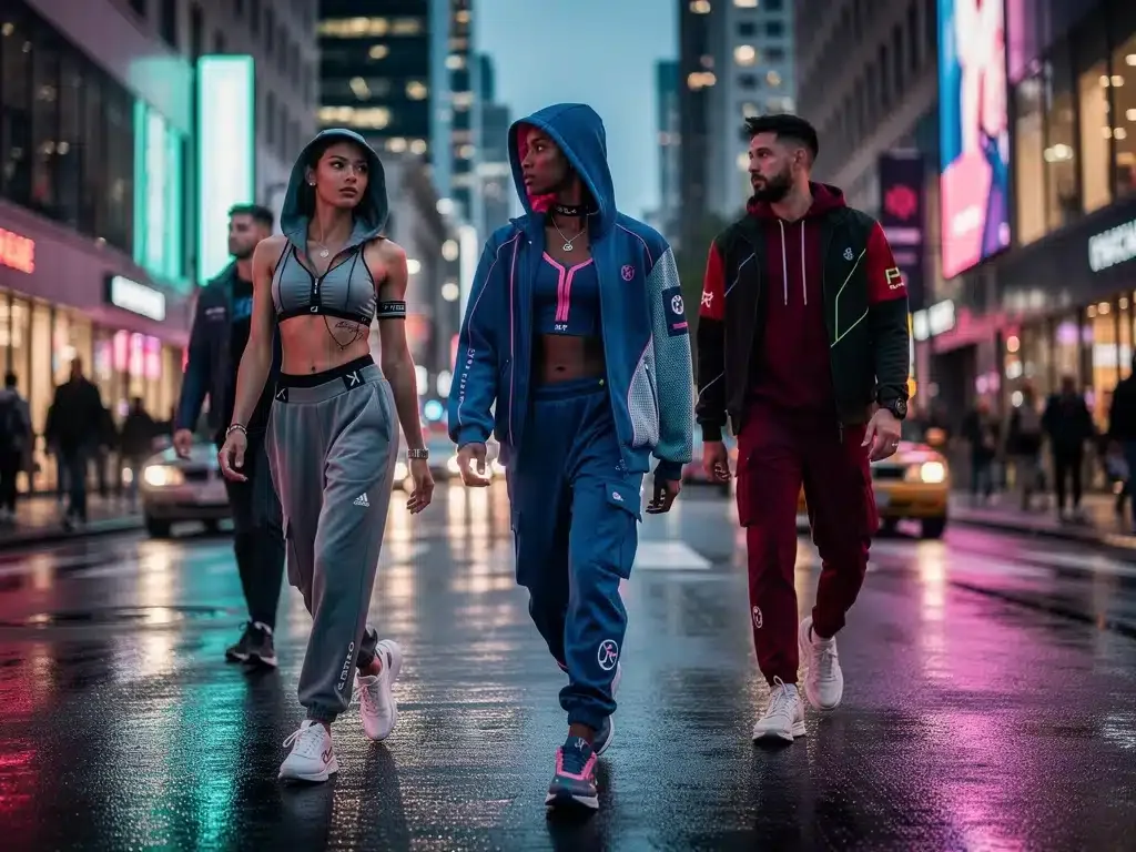 Futuristic urban scene with stylish individuals showcasing innovative streetwear fashion trends for 2026.
