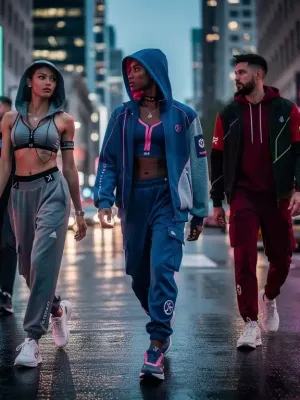Futuristic urban scene with stylish individuals showcasing innovative streetwear fashion trends for 2026.