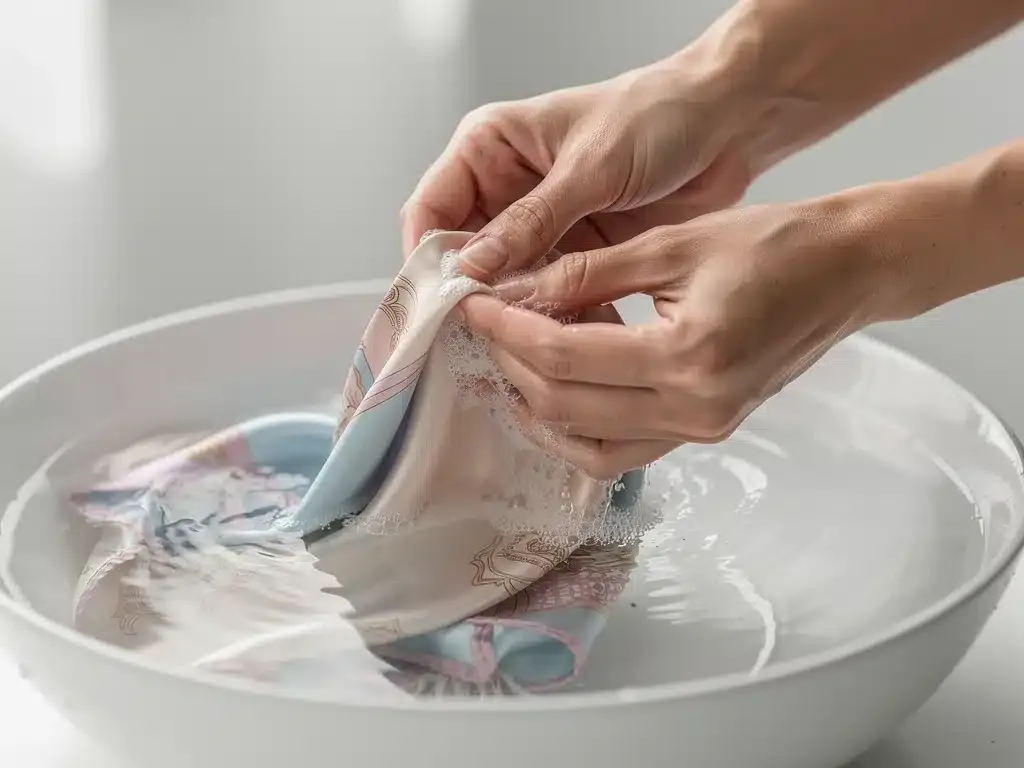 Gentle hand-washing of a delicate silk scarf with mild detergent.