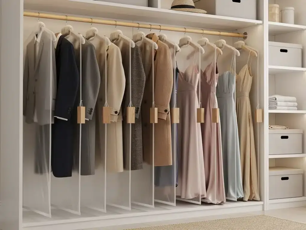 Organized closet with classic garments in breathable bags and cedar blocks.