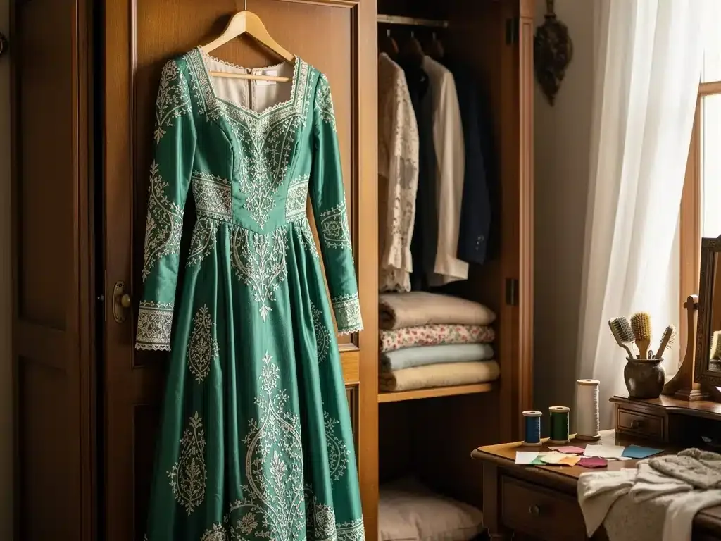 Elegantly restored vintage dress, showcasing meticulous care and vibrant fabric.