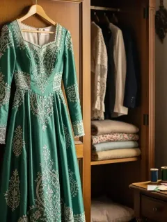 Elegantly restored vintage dress, showcasing meticulous care and vibrant fabric.