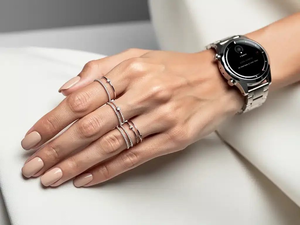 Celebrity hand with stacked rings and luxury smart watch