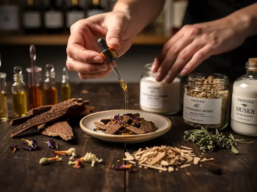 Artisanal hands selecting rare botanical ingredients for niche perfumes