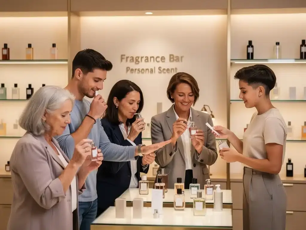 Diverse consumers engaging with personalized fragrance experiences in a boutique