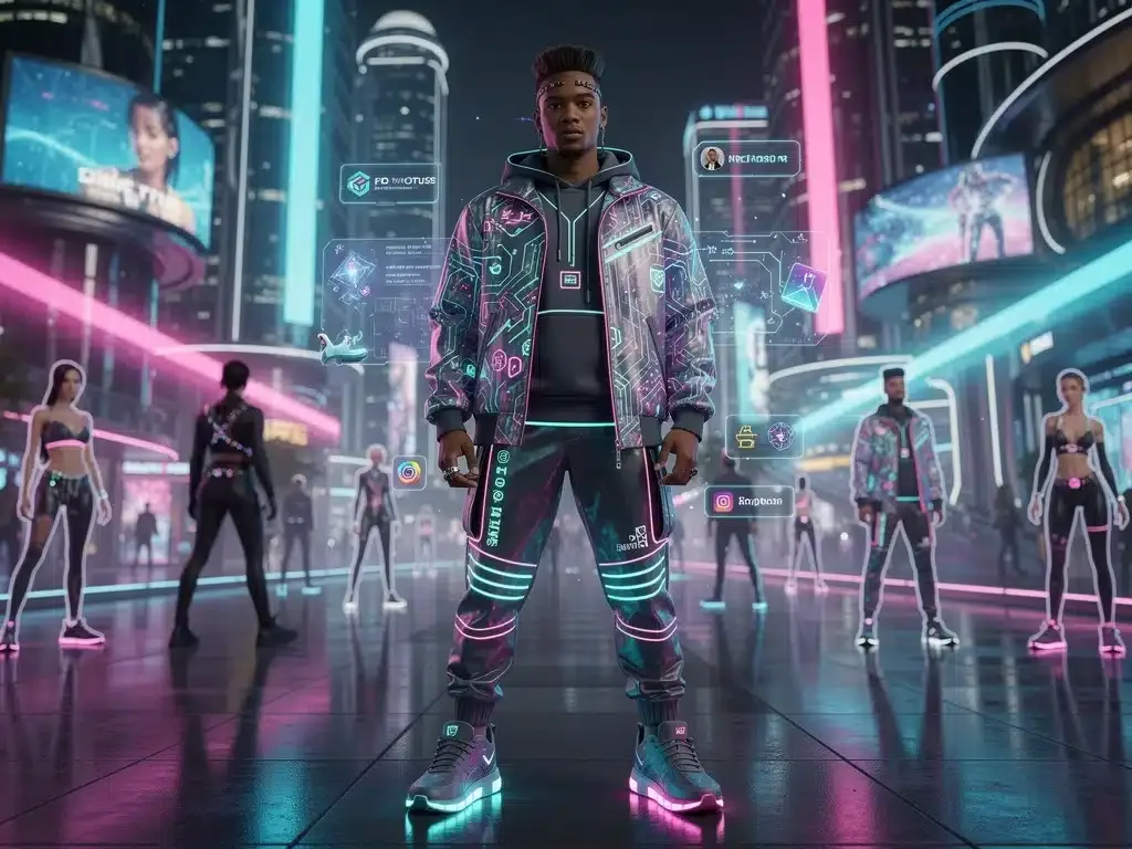 Futuristic streetwear model in metaverse with NFT outfit