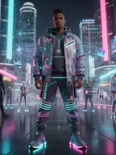 Futuristic streetwear model in metaverse with NFT outfit