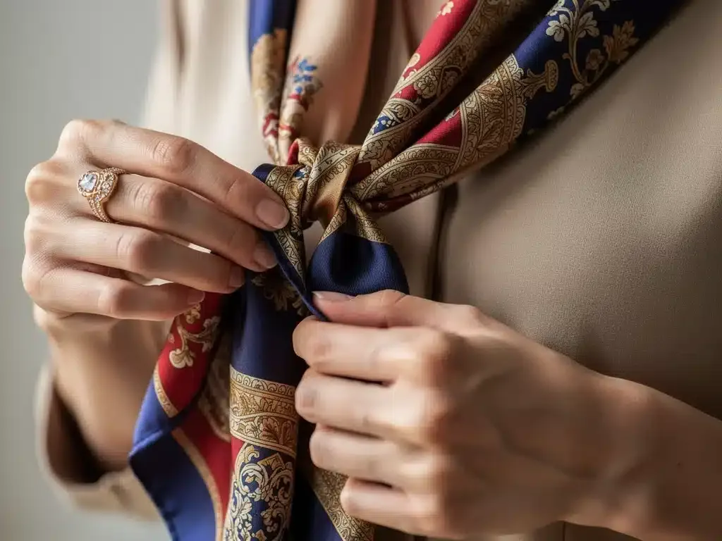 Hands tying a silk scarf with classic elegance