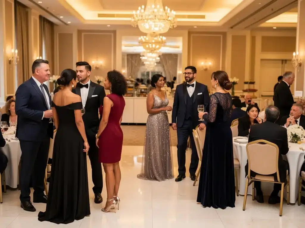 Diverse group in classic evening wear at a formal event