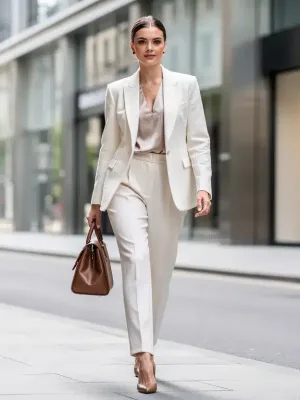 Woman in tailored classic fashion outfit on city street