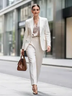 Woman in tailored classic fashion outfit on city street