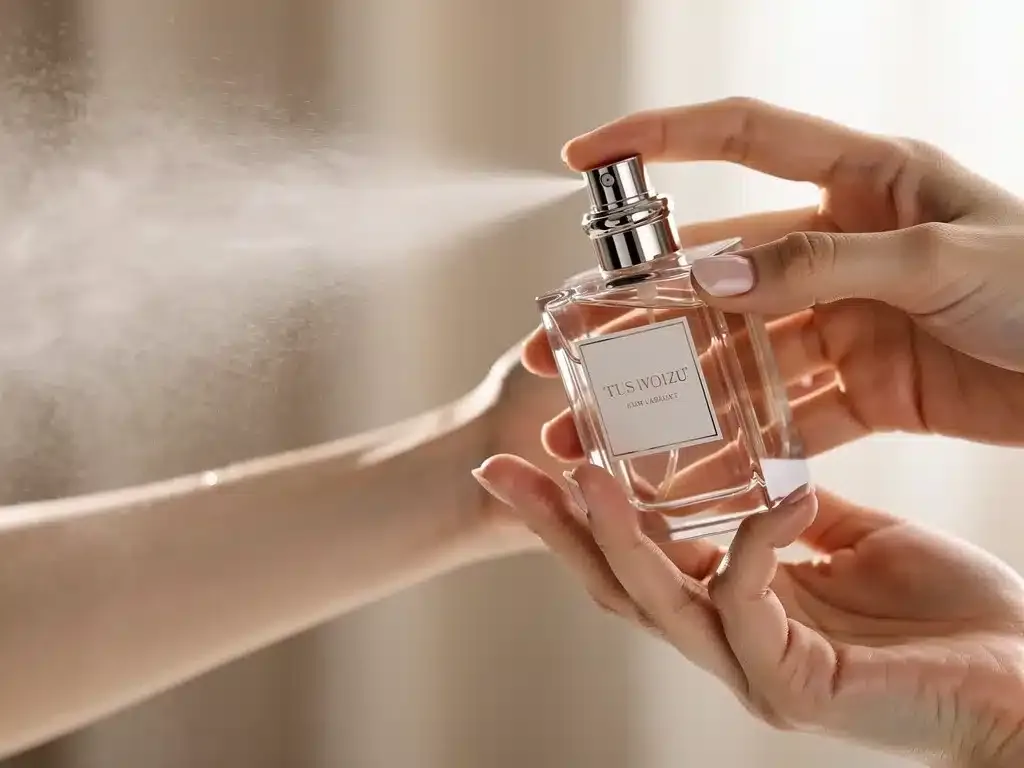 Person applying luxury perfume to their wrist, highlighting the personal experience of a premium fragrance.