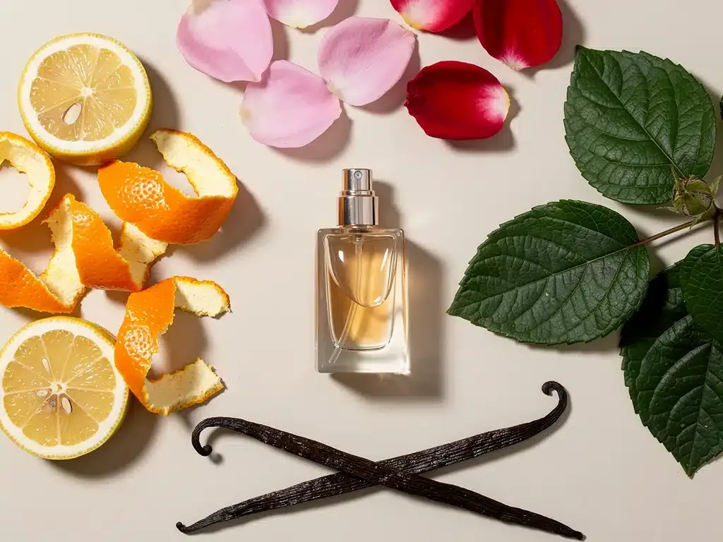Fragrance notes composition with citrus, rose, vanilla, and patchouli, representing complex perfume ingredients.