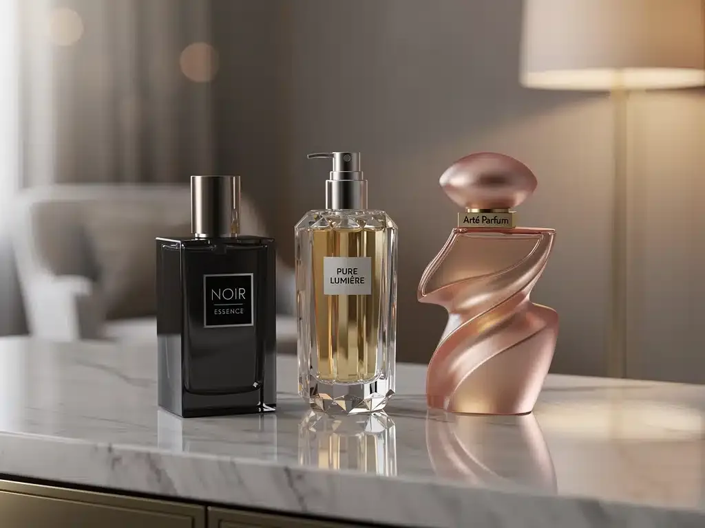 Three exquisite perfume bottles on a vanity, symbolizing a curated scent wardrobe investment for 2026.