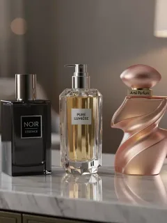 Three exquisite perfume bottles on a vanity, symbolizing a curated scent wardrobe investment for 2026.