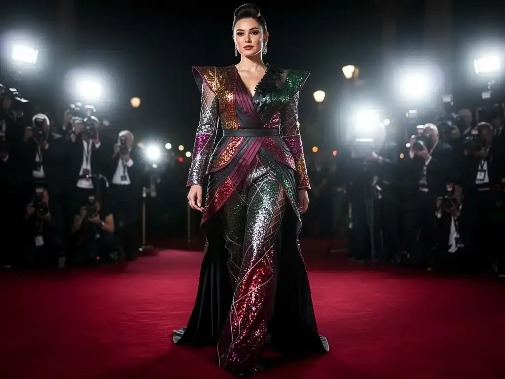 Celebrity on red carpet in custom 2026 fashion collaboration outfit.