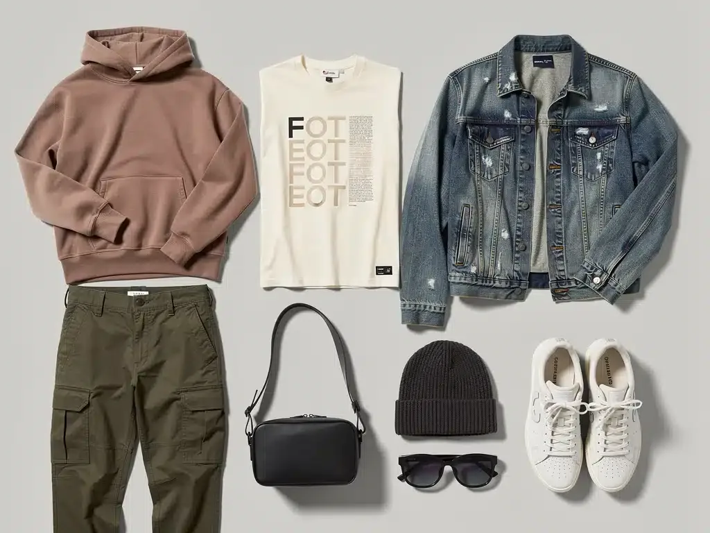 Flat lay of 8 essential streetwear capsule pieces