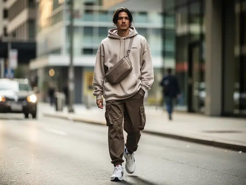 Stylish person in 2026 streetwear capsule on city street