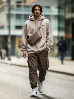 Stylish person in 2026 streetwear capsule on city street