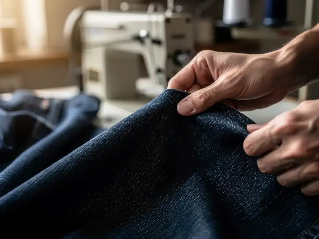 Artisan inspecting high-quality denim fabric